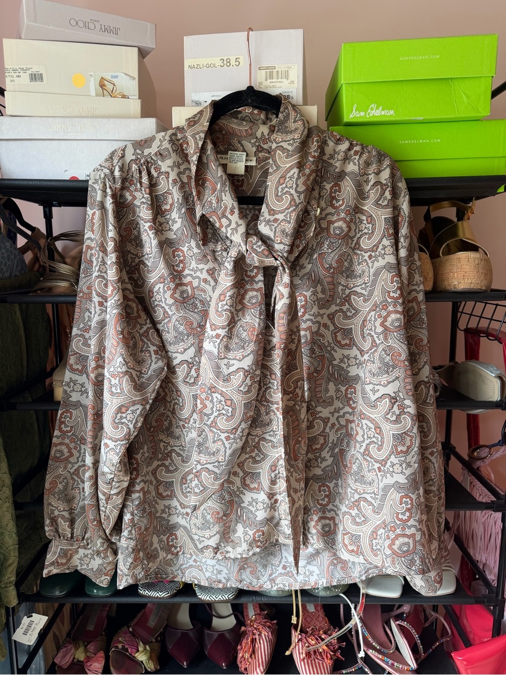 Alfred Dunner Paisley Tie-Neck Shirt — Cream & Brown